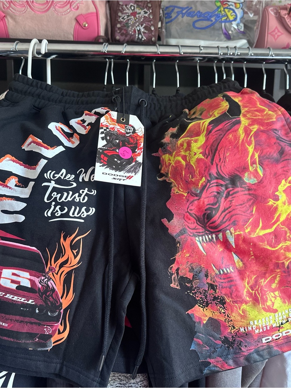 Reason Black Shorts with Red and Yellow Flame Tiger Graphic